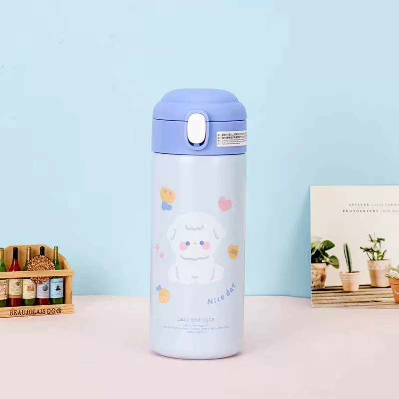 Kawaii Aesthetic Stainless Steel Thermos | Cute Cartoon Bounce-Lid Water Bottle